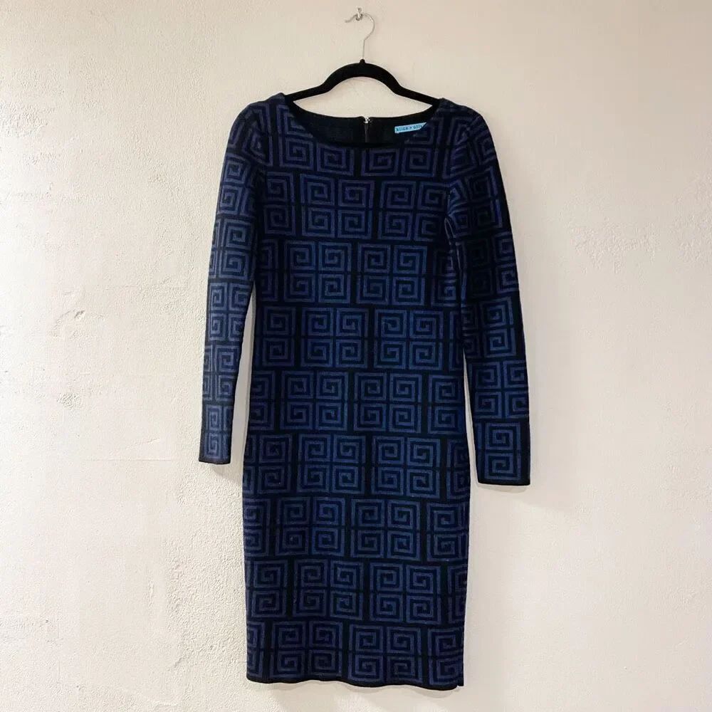 Alice + Olivia Nadia GreekโKey Geometric Merino Wool Sweater Dress in Blue Black